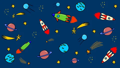 Animation of pattern with doodle style space elements. Rockets, planet, stars Stock Footage 142225592