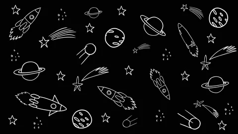 Animation of pattern with doodle style space elements. Rockets, planet, stars Stock Footage 142225597