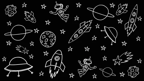 Animation of pattern with doodle style space elements. Rockets, planet, stars Stock Footage 142225792