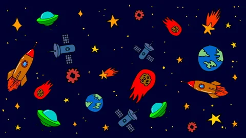 Animation of pattern with doodle style space elements. Rockets, planet, stars Stock Footage 142225926