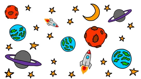 Animation of pattern with doodle style space elements. Rockets, planet, stars Stock Footage 142226009