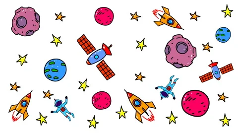 Animation of pattern with doodle style space elements. Rockets, planet, stars Stock Footage 142226047