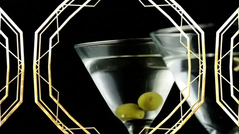 Animation of pattern moving over cocktail glasses of wine and olives on black Stock Footage 157920408