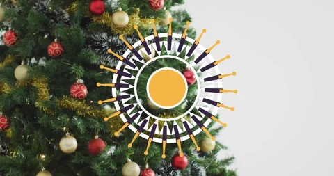 Animation of pattern over christmas decorations and tree on white background Stock Footage 307469643