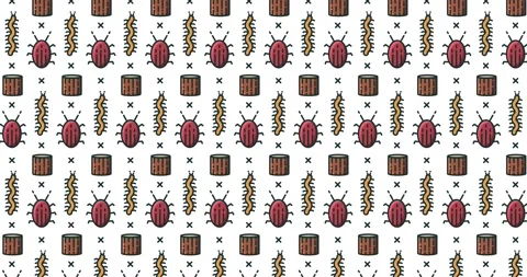 Animation of pattern of repeated rows of caterpillars, beetles and tree stumps, 스톡 동영상 156585783