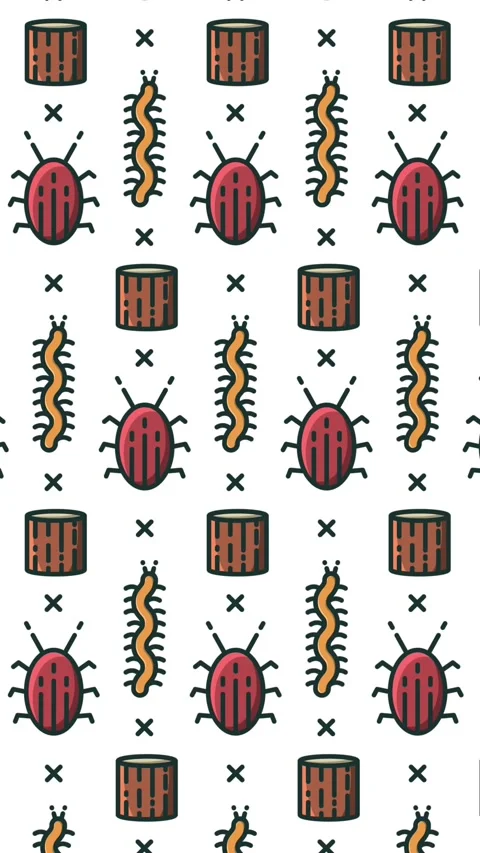 Animation of pattern of repeated rows of caterpillars, beetles and tree stumps, Stock Footage 342601635