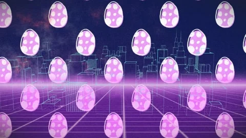 Animation of patterned easter egg shapes over glowing pink grid and city Stock Footage 221956332