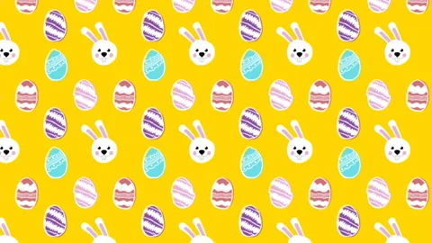 Animation of patterned Easter eggs and Easter bunnies moving in rows on yellow Stock Footage 130726754