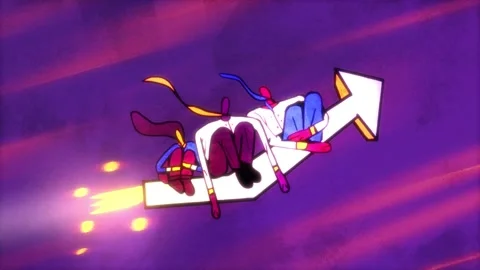 Animation with People on big rocket arrow rise to success in galaxy. Stock Footage 144221277