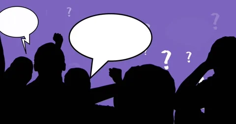 Animation of people silhouettes with speech bubbles over question marks on Stock Footage 329914561