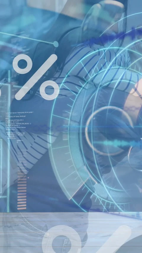 Animation of percentage, processing circle and diverse data over caucasian man 스톡 동영상 344636828