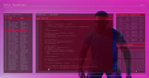 Animation of person in dynamic pose with code terminal on pink background Stock Footage 305805262
