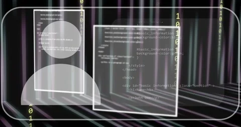 Animation of person icon, processing data and coding interface screens on black Stock Footage 325705290