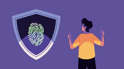 Animation of person pointing at digital shield with biometric fingerprint s.. 動画素材 339085570