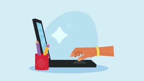 Animation of person working on laptop computer with pencil holder on desk. Stock Footage 338421215