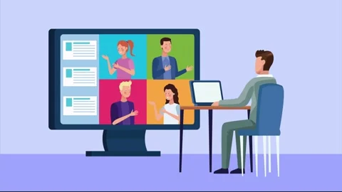 Animation of person working on laptop computer while communicating through .. 動画素材 338426646