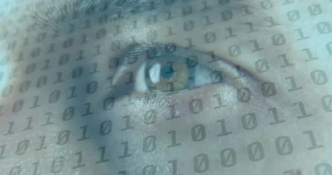 Animation of person's eye opening and closing with changing black binary numbers Video stock 152011854