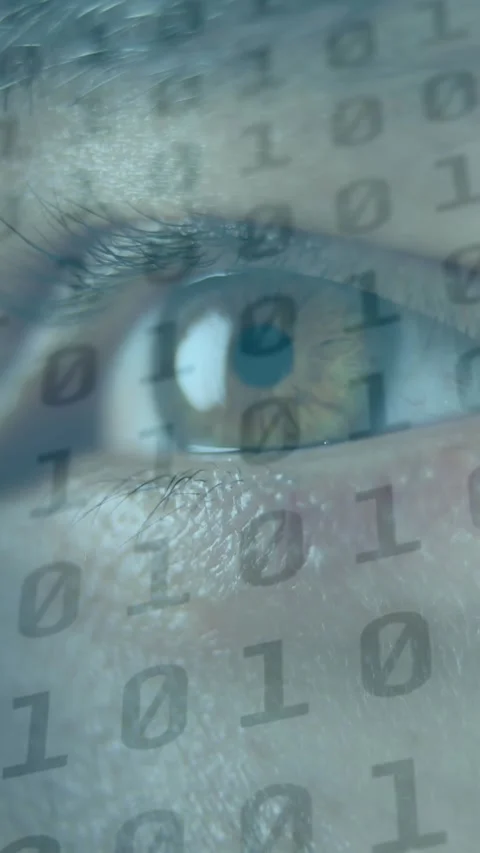 Animation of person's eye opening and closing with changing black binary numbers Stock Footage 342004289