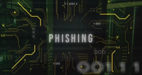 Animation of phishing text and computing board over server room Stock Footage 329565138