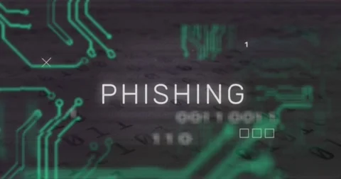 Animation of phishing text, glitch technique, x sigh, circuit board texture and Stock Footage 327003011