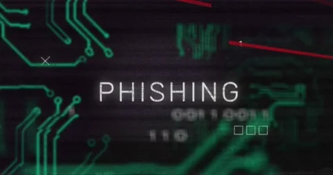 Animation of phishing text, red lines, binary codes and glitch technique over Stock Footage 328648435