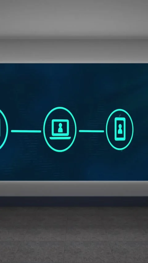Animation of phone, laptop and computer icons forming flowchart over blue wall Video stock 344614399