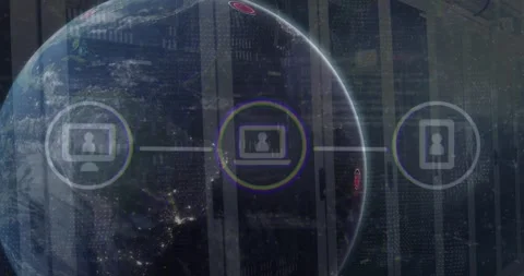 Animation of phone, laptop, computer in flowchart with globe and connected dots Stock Footage 246909501