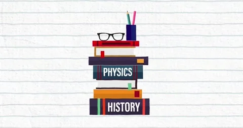 Animation of physics, history text, spectacles, pencils on books against white Stock Footage 328303654