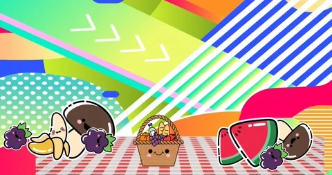 Animation of picnic baskets on gingham tablecloth over abstract pattern Video stock 170148248