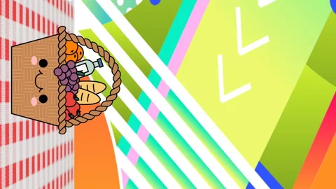 Animation of picnic baskets on gingham tablecloth over abstract pattern Video stock 314617821