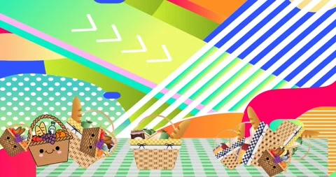Animation of picnic baskets on gingham tablecloth over abstract pattern Video stock 328453267