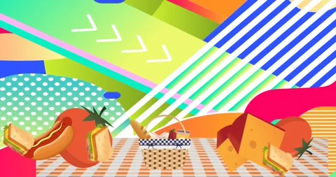 Animation of picnic baskets on gingham tablecloth over abstract pattern Video stock 329164215