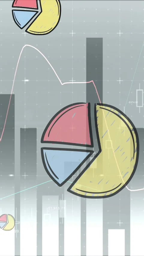 Animation of pie chart icons over statistics processing on grey background Stock Footage 331718304