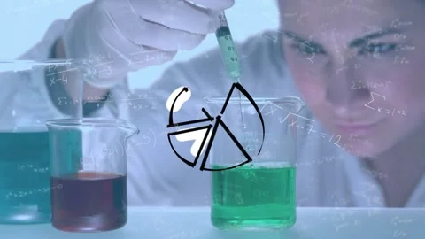 Animation of pie chart, math equations, caucasian scientist pouring liquid with Stock Footage 326192138