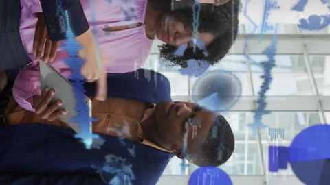 Animation of pie charts, globes, computer language, diverse coworkers sharing Stock Footage 313355635