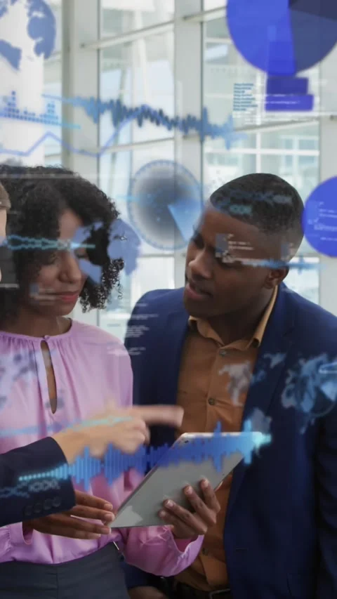 Animation of pie charts, globes, computer language, diverse coworkers sharing Stock Footage 321172215