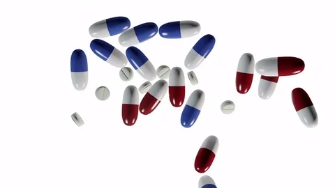 Animation of pills - capsules and tablets - falling downwards Stock Footage 74129940