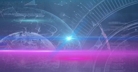 Animation of pink and blue light trails over plexus networks and globe against Stock Footage 326426470