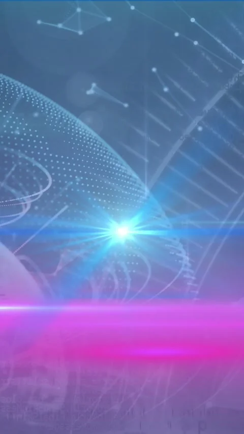 Animation of pink and blue light trails over plexus networks and globe against Stock Footage 342600313