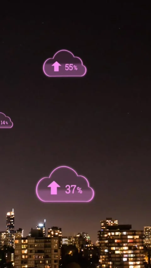 Animation of pink clouds with arrows and percent growing over cityscape Stock Footage 342136256