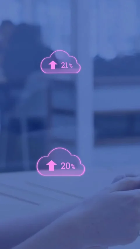 Animation of pink clouds uploading data over caucasian businesswoman using Stock Footage 343614781