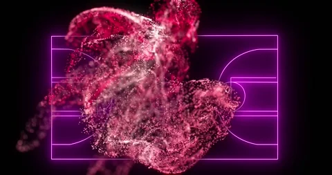 Animation of pink digital wave over neon purple basketball court layout against Stock Footage 325704262