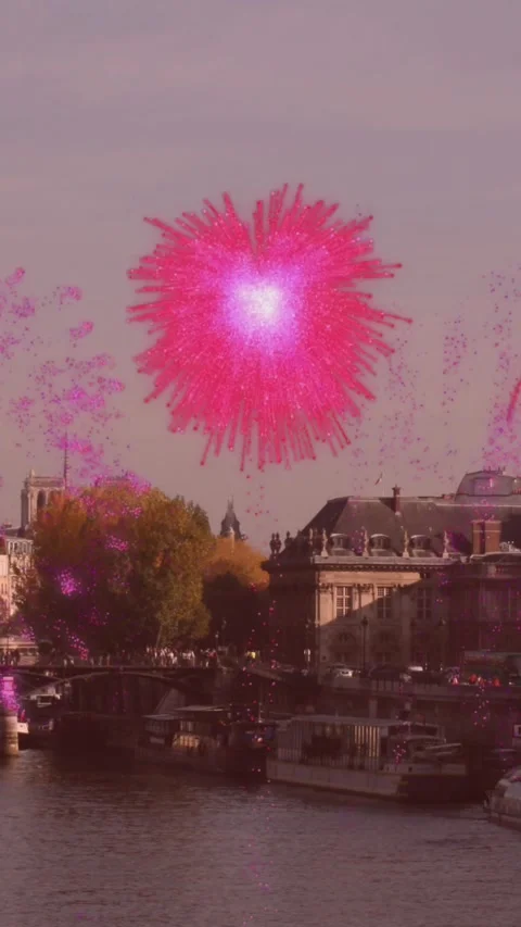 Animation of pink fireworks over paris cityscape with river Stock Footage 323897997
