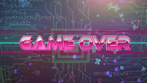 Animation of pink metallic text start over neon lines on computer motherboard Stock Footage 327900804