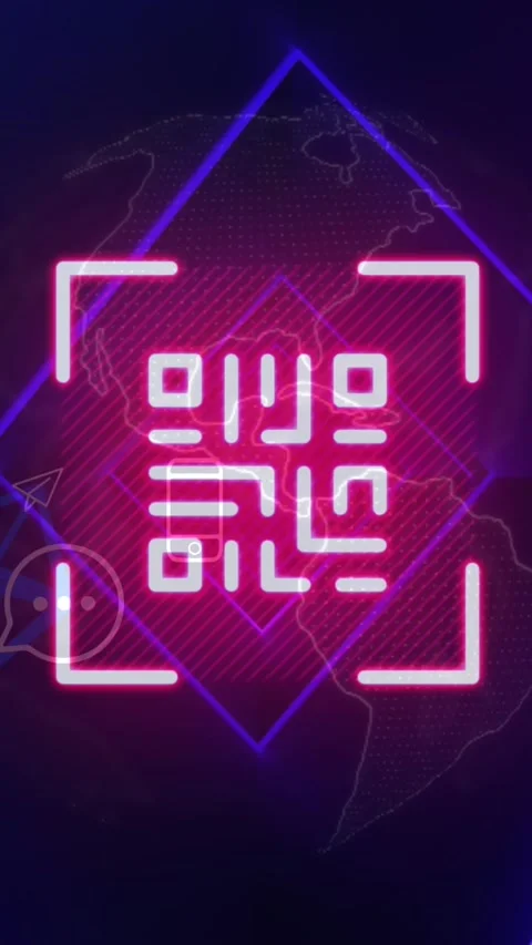 Animation of pink neon qr code, blue neon lights and connected media icons on Stock Footage 322559469