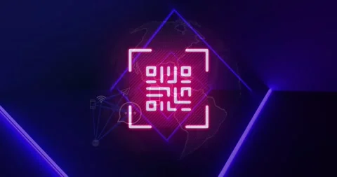 Animation of pink neon qr code, blue neon lights and connected media icons on Stock Footage 330167353