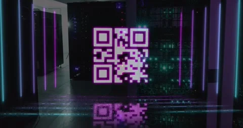 Animation of pink qr code and neon lights over computer server room Stock Footage 327526834