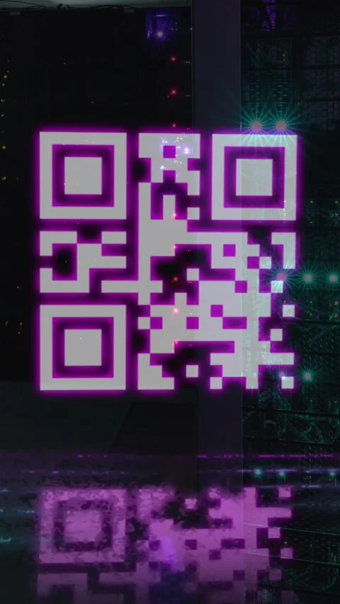 Animation of pink qr code and neon lights over computer server room Video stock 343919617