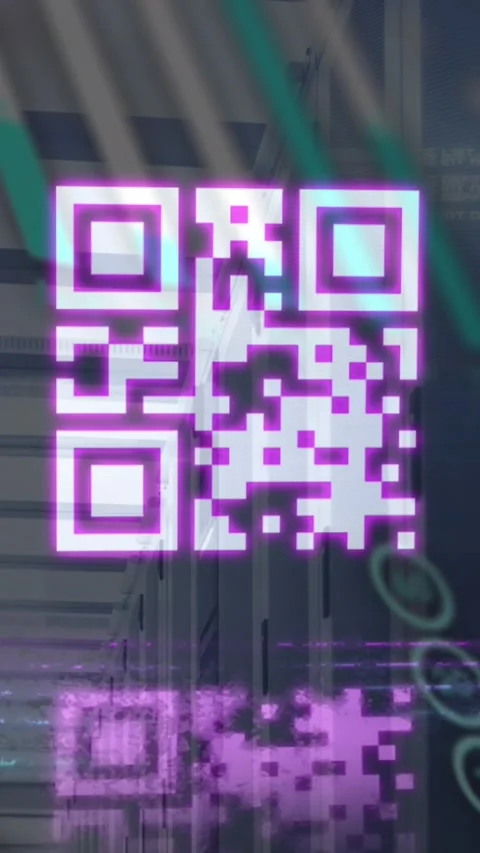 Animation of pink qr code with neon lights and data processing over computer Stock Footage 343828117