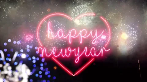 Animation pink texture HAPPY NEW YEAR with colorful firework. Stock Footage 159293949